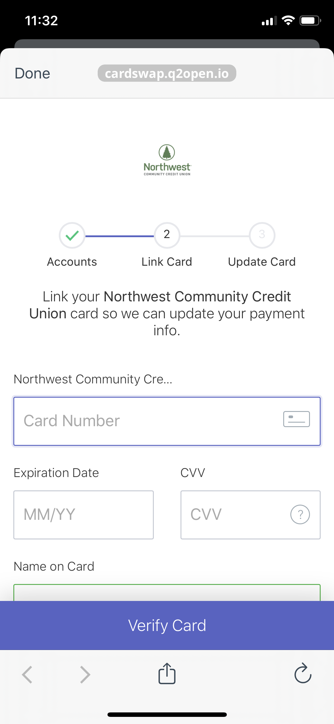 Adding payment information to My Card Swap