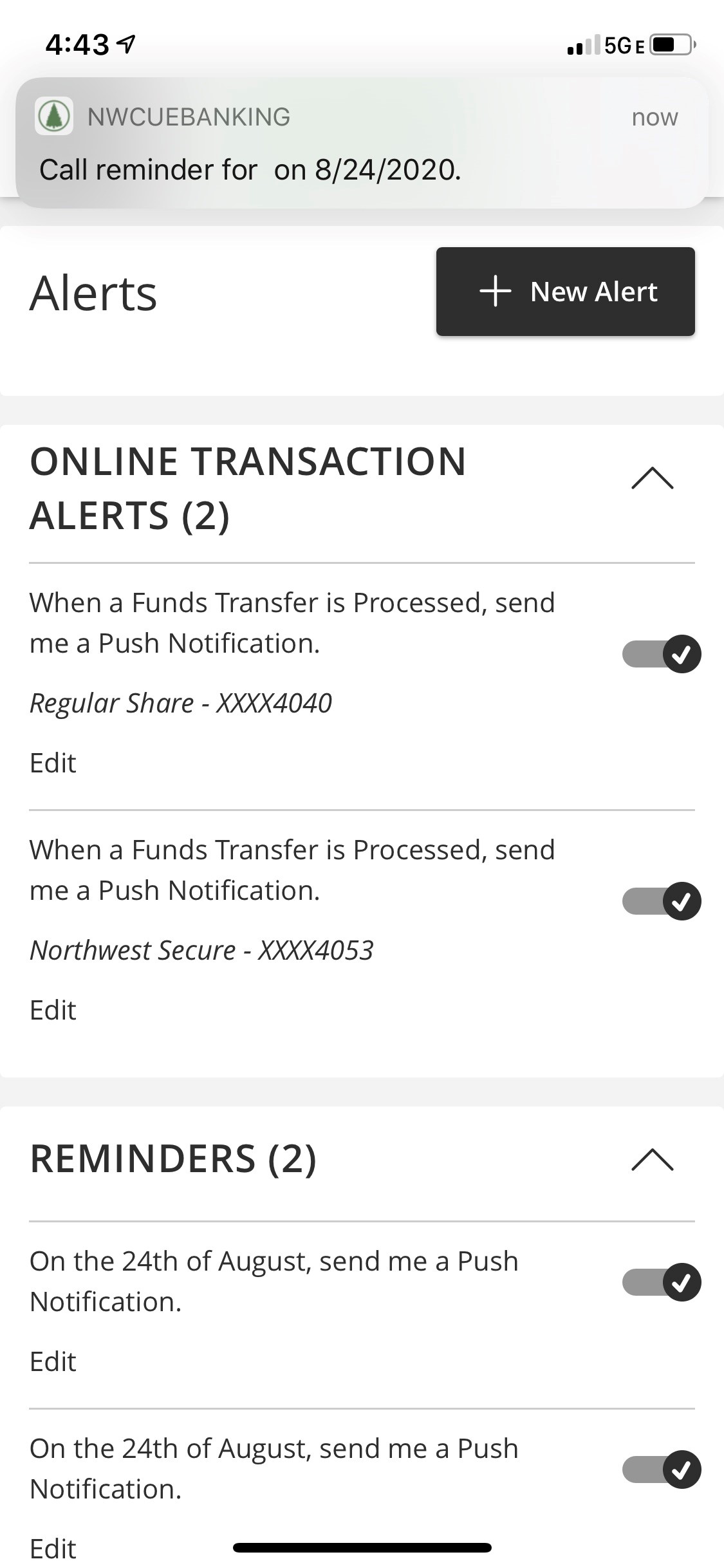 online transaction alerts screen
